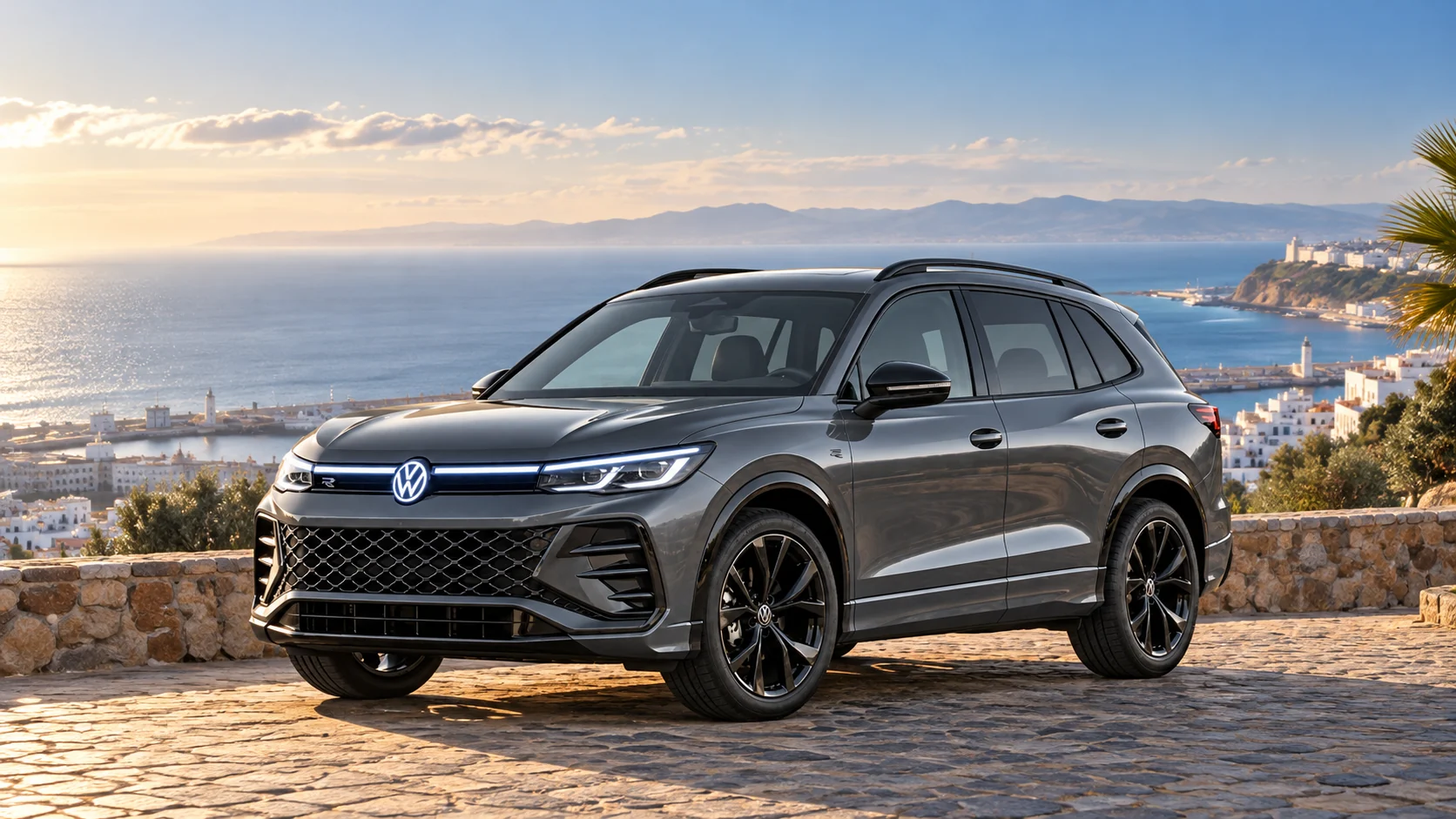 Volkswagen Tiguan gris sur un belvédère de la côte de Tanger, visuel illustratif
